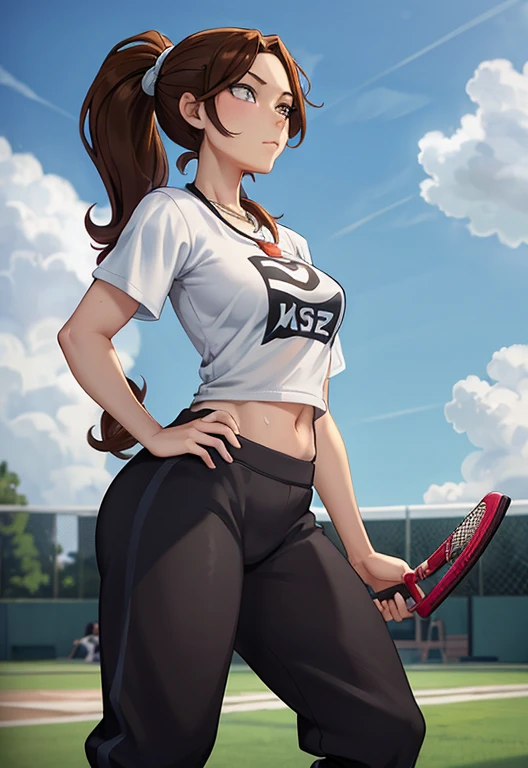 Masterpiece, high resolution, high quality, intricate details, anime girl, full body portrait, front view, 1girl, solo, 36 year old woman, attractive woman, mature face, mature beauty, brown hair, short ponytail, blue eyes, athletic body, medium breasts, curvy hips, arrogant smile, ((Wearing: White Gym T-shirt, Black Gym sweat pants, whistle necklace and black tennis shoes)), standing, hands on hips, looking at viewer, (Background: outdoors, middle school track field, blue sky, clouds in the sky),
