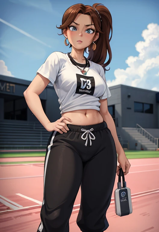 Masterpiece, high resolution, high quality, intricate details, anime girl, full body portrait, front view, 1girl, solo, 36 year old woman, attractive woman, mature face, mature beauty, brown hair, short ponytail, blue eyes, athletic body, medium breasts, curvy hips, arrogant smile, ((Wearing: White Gym T-shirt, Black Gym sweat pants, whistle necklace and black tennis shoes)), standing, hands on hips, looking at viewer, (Background: outdoors, middle school track field, blue sky, clouds in the sky),
