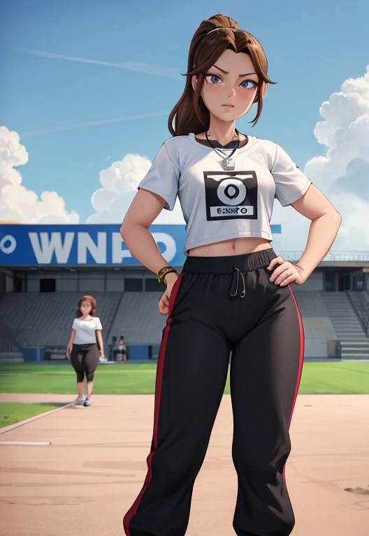 Masterpiece, high resolution, high quality, intricate details, anime girl, full body portrait, front view, 1girl, solo, 36 year old woman, attractive woman, mature face, mature beauty, brown hair, short ponytail, blue eyes, athletic body, medium breasts, curvy hips, arrogant smile, ((Wearing: White Gym T-shirt, Black Gym sweat pants, whistle necklace and black tennis shoes)), standing, hands on hips, looking at viewer, (Background: outdoors, middle school track field, blue sky, clouds in the sky),
