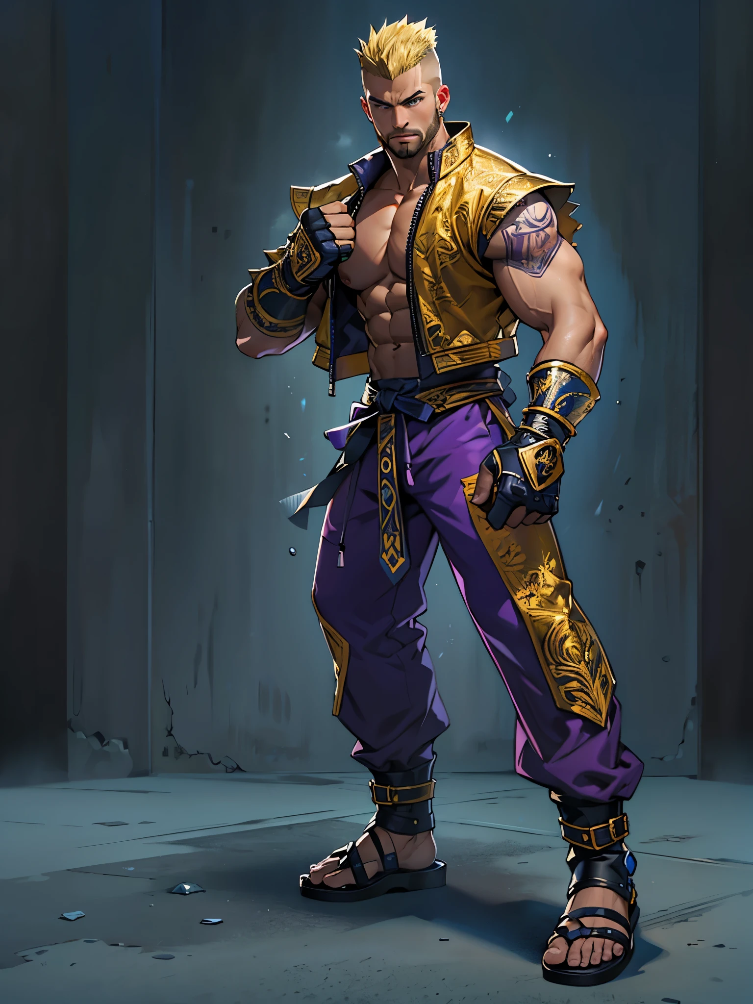 masterpiece, best quality, hyper-detailed, ultra-detailed, hires, 1boy, Brazilian, brown skin, blonde hair, short hair, crew cut, mohawk, dark blue eyes, gold earrings, abs, light armor, beard, facial hair, gloves, male focus, muscular, college-age man, sandals, shoulder armor, solo, standing, toeless legwear, black vest, purple jacket, purple pants, dynamics fighting pose, fighting stance, boxing ring backdrop, serious, determined mixed martial arts fighter.