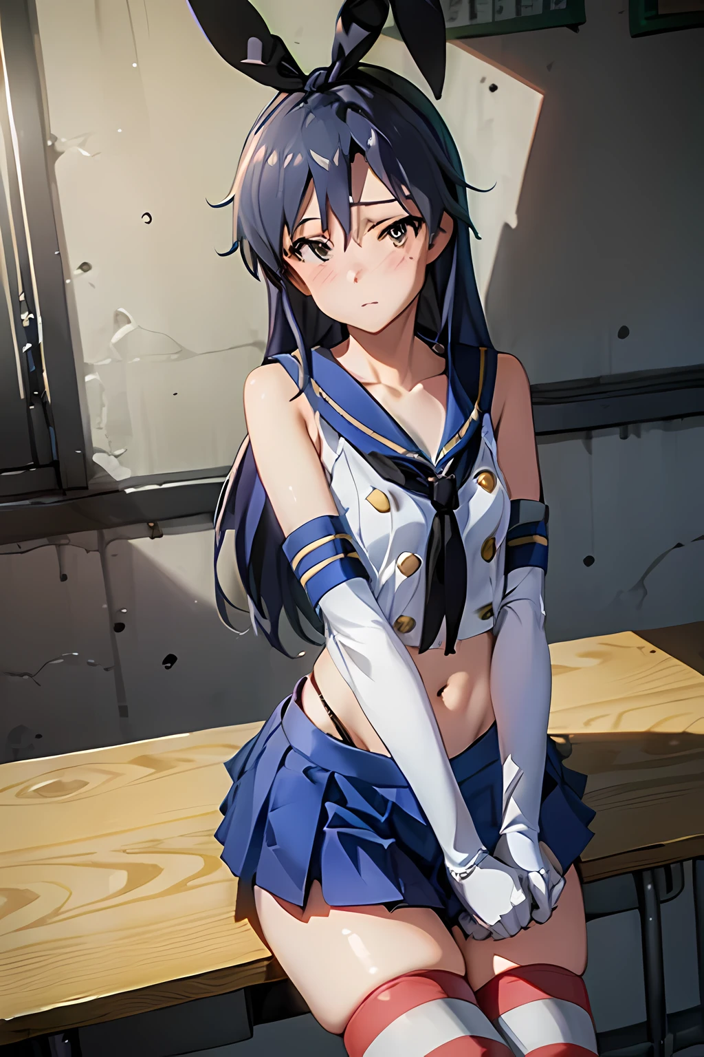  (masterpiece, best quality:1.4), official art, extremely detailed CG, unity 8k wallpaper, ultra detailed, solo, 1girl, chihaya kisaragi, (delicate eyes and face), long hair, dark blue hair, asymmetry bangs, brown eyes, bashful, (flat chest:1.1), looking at viewer,  (full-face blush), embarrassed, BREAK, cowboy shot and knee, Slender beauty, shimakaze \\(kancolle\\), elbow gloves, striped thighhighs, highleg panties, blue pleated skirt, boots, (head ribon:1.2), classroom, indoors, 