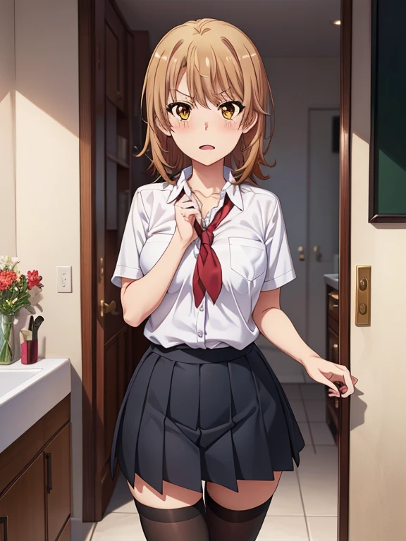 ((masutepiece, Best Quality, hight resolution, nffsw, Perfect Pixel, depth of fields, 4K, )), 1girl in, Solo, , Beautiful anime girl, Beautiful Art Style,
standing:1.3, bathroom background, Looking at viewer.
Perfect body, serious face, show teeth, front facing:1.4,
isshiki iroha, medium breasts, Full face blush, black stockings, school uniform:1.3,
straight-on:1.3, medium shot