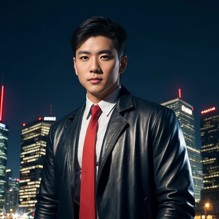 Handsome Asian man with short, cropped hair cut,) Look straight and focus on the face clearly.,) Community in the city at night, Modern skin-tight leather jacket and red tie.,Blue,black,) Exaggerated colors cool action poses,) 8K images, Shot with a high quality camera with 45000000000 pixels.