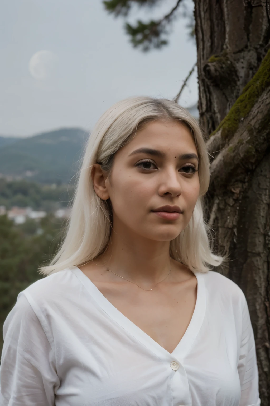 ((mejor calidad)), ((acuarela)), (detallado), perfect face brown skinned indian with bright white hair watching the moon from the top of a treeless mountain