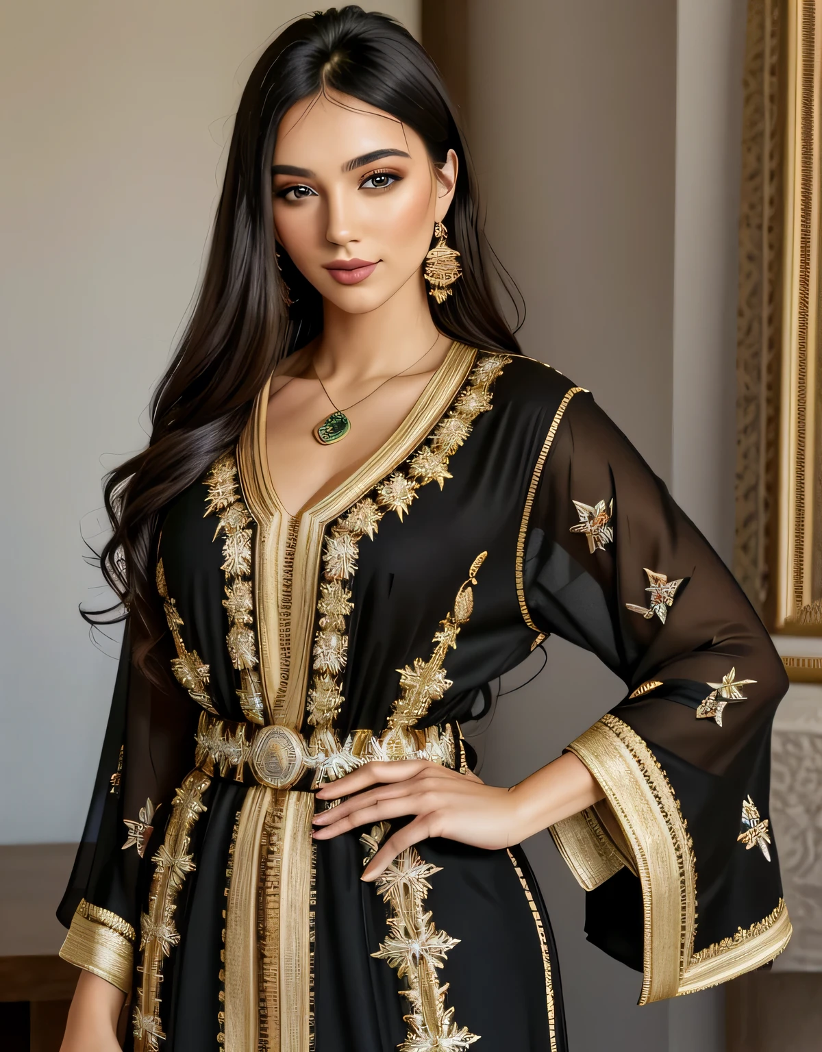 4k, chef-d&#39;artwork, High resolution, absurdes, Souriant,beau mod aux cheveux noirs marrons_femme, mise au point du visage , Haute_Couture,porter une Haute_Charles Frederick Worth designer kaftan dress, portrait, Models parfait_corps, 