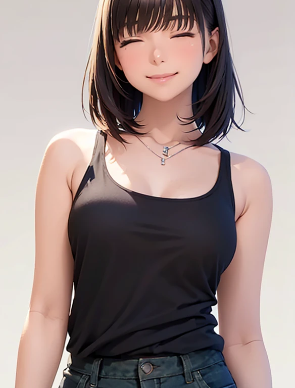 High resolution,In 8K,highest quality,detailed,Semi-realistic anime,Anime 3D Style,Smooth anime CG,One Girl,19-year-old woman in Japan,slim,Modeled,Shiny brown hair,Medium Hair,detailedな顔,Glowing Skin,Cheek resting on hand,straggling hair,Small breasts,((Eyes are closed)),((Smiling gently)),(Black tank top),necklace,