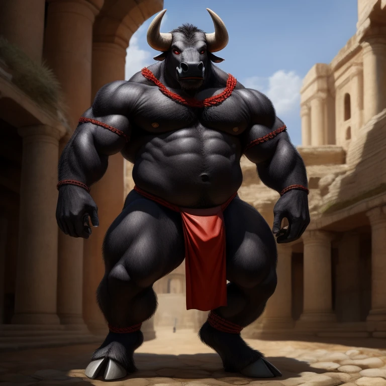 Furry, Semental, Antro, Black BULL , ( Tight loincloth white ), hooves, medieval, (Furry Black), Solo, (Cuerpo Completo), Toro, Cadenas, Rabo de Toro, (Tail Cow), Tight fundoshi white, bulto macho, Bolas Grandes , Fondo Coliseo Romano, (Fundoshi Ajustado), Detallado, Gran Calidad, Realista, Furr Black, Red Eyes