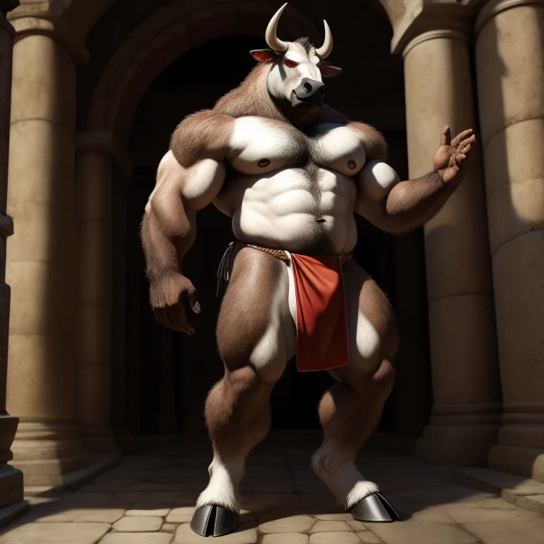 Furry, Semental, Antro, Black BULL , ( Tight loincloth white ), hooves, medieval, (Furry Black), Solo, (Cuerpo Completo), Toro, Cadenas, Rabo de Toro, (Tail Cow), Tight fundoshi white, bulto macho, Bolas Grandes , Fondo Coliseo Romano, (Fundoshi Ajustado), Detallado, Gran Calidad, Realista, Furr Black, Red Eyes