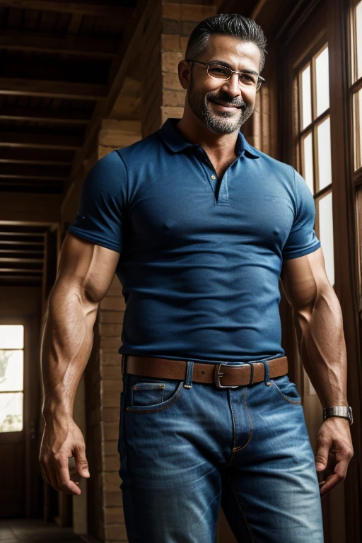 hombre musculoso salvaje, (40 year old daddy:1.1), 1 chico, Solo, cabello canoso (camisa de vestir negra), (hombros grandes), musculatura, rastrojos, barba corta, ojos bonitos:1.3, ), (cara detallada:1.3), Usando lentes, smiles, dynamic angle, volumetric lighting, (mejor calidad, A high resolution, fotorrealista), cinematic lighting, Obra maestra, foto cruda, detalles intrincados, hdr, cuerpo completo, jeans