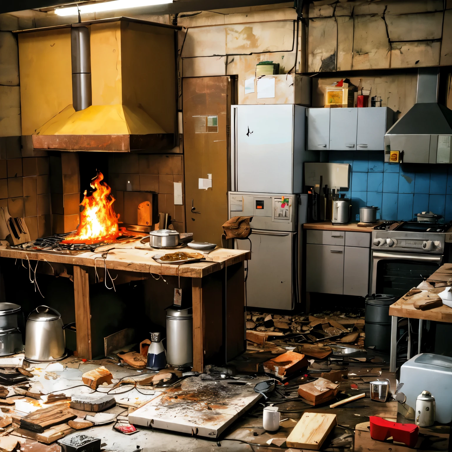 a burning kitchen, fire, chaos on the floor, fire  broken pieces, leftover food , no people, no humans in the kitchen, (fire),  explosion, smoke, It's burning,exploding stove, comic style