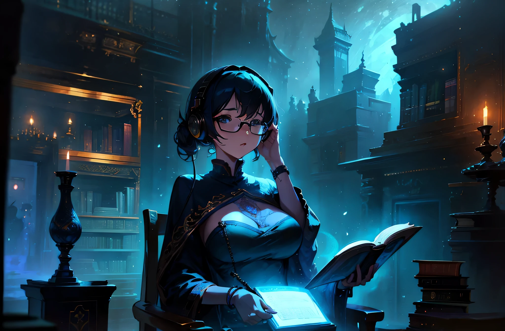 A woman wearing headphones is sitting in a chair and reading a book、Bookshelf at the back、big breasts、sexy、A room full of bookoonlight、sweater、Downlight、full moon、Stylish room with fireplace、Glasses