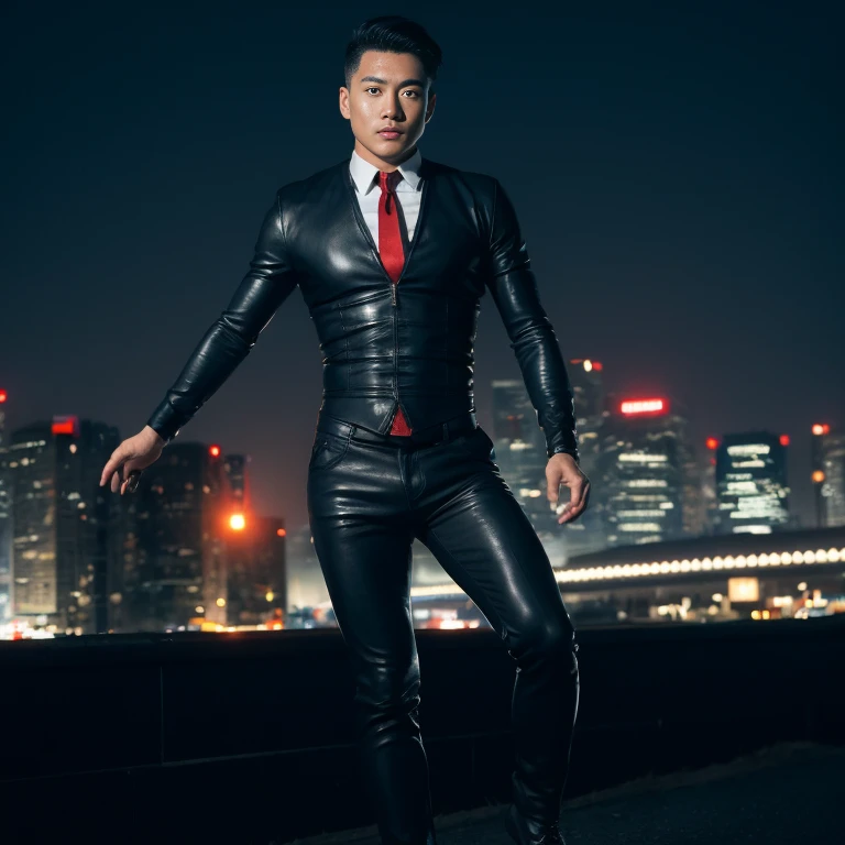 Handsome Asian man with short, cropped hair cut,) Look straight and focus on the face clearly.,) Community in the city at night, Long flowing bodysuit, modern tight leather and red tie.,Blue,black,) Exaggerated colors cool action poses,) 8K images, Shot with a high quality camera with 45000000000 pixels.