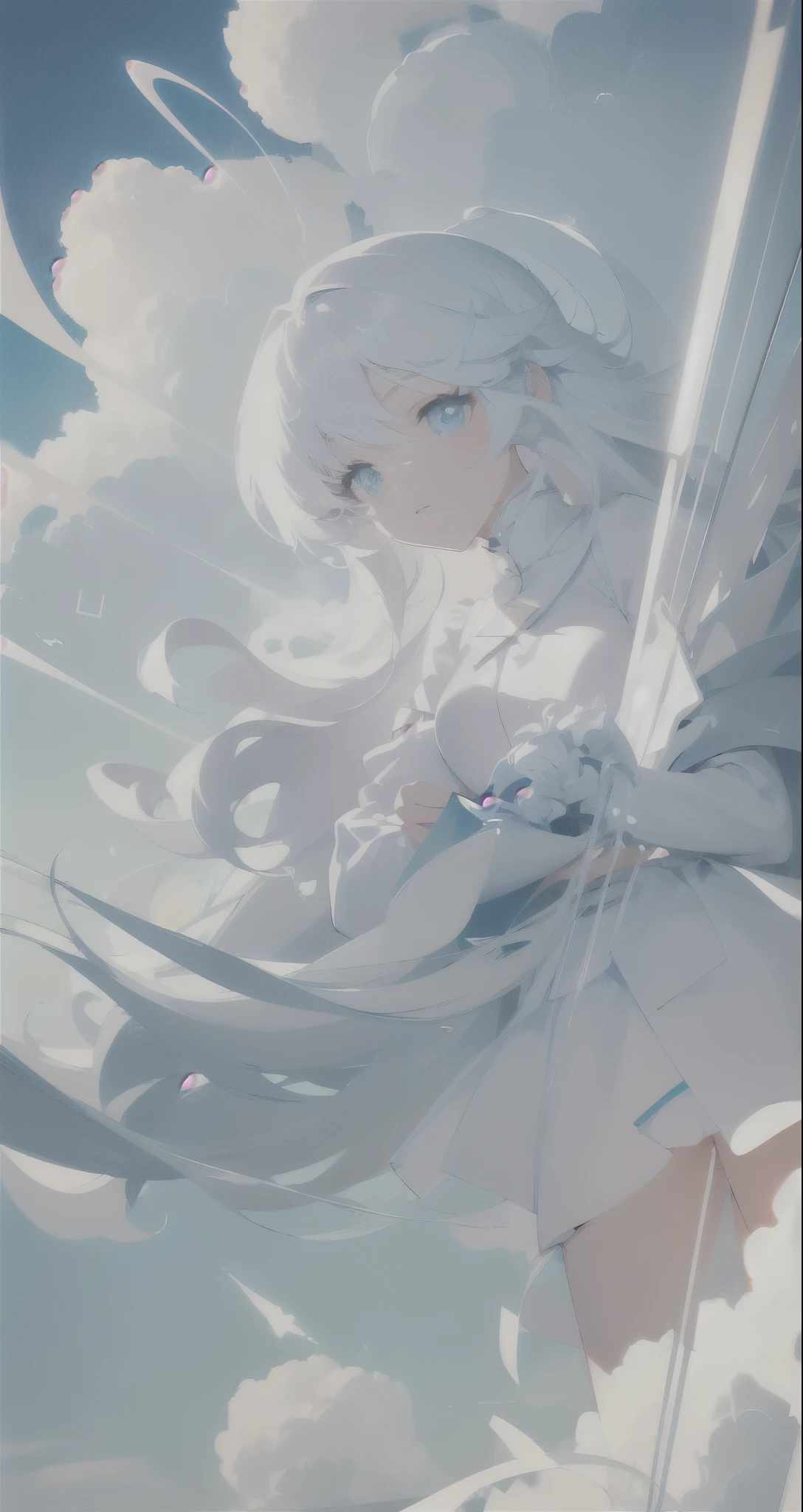 masterpiece, best quality, movie still, 1girl, floating in the sky, huge white pill, cloud girl, cloud, (close-up:1.1), bright, happy, fun, soft lighting, (Bauhaus, shapes, lines, abstract:1.1)