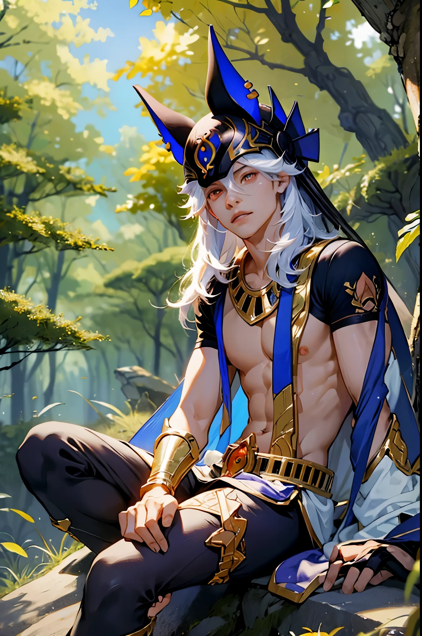 1 adult male solo, shiny red eyes, sitting outside in the forest, flowers everywhere,iridescent sun light, sunny day, long white hair, red eyes, dark tanned skin, cyno genshin impact, bare chest, golden accessories, dark pants, black fingerless gloves, head hat jackal