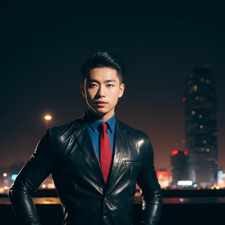 Handsome Asian man with short, cropped hair cut,) Look straight and focus on the face clearly.,) Community in the city at night, Long flowing bodysuit, modern tight leather and red tie.,Blue,black,) Exaggerated colors cool action poses,) 8K images, Shot with a high quality camera with 45000000000 pixels.