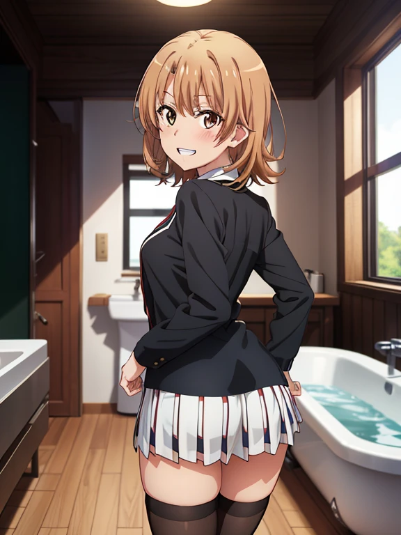 ((masutepiece, Best Quality, hight resolution, nffsw, Perfect Pixel, depth of fields, 4K, )), 1girl in, Solo, , Beautiful anime girl, Beautiful Art Style, 
standing:1.3, bathroom background, Looking back
Perfect body, smile face, show teeth, front facing:1.4, 

isshiki iroha, medium breasts, Full face blush, black stockings, school uniform:1.3, 
straight-on:1.3, medium shot