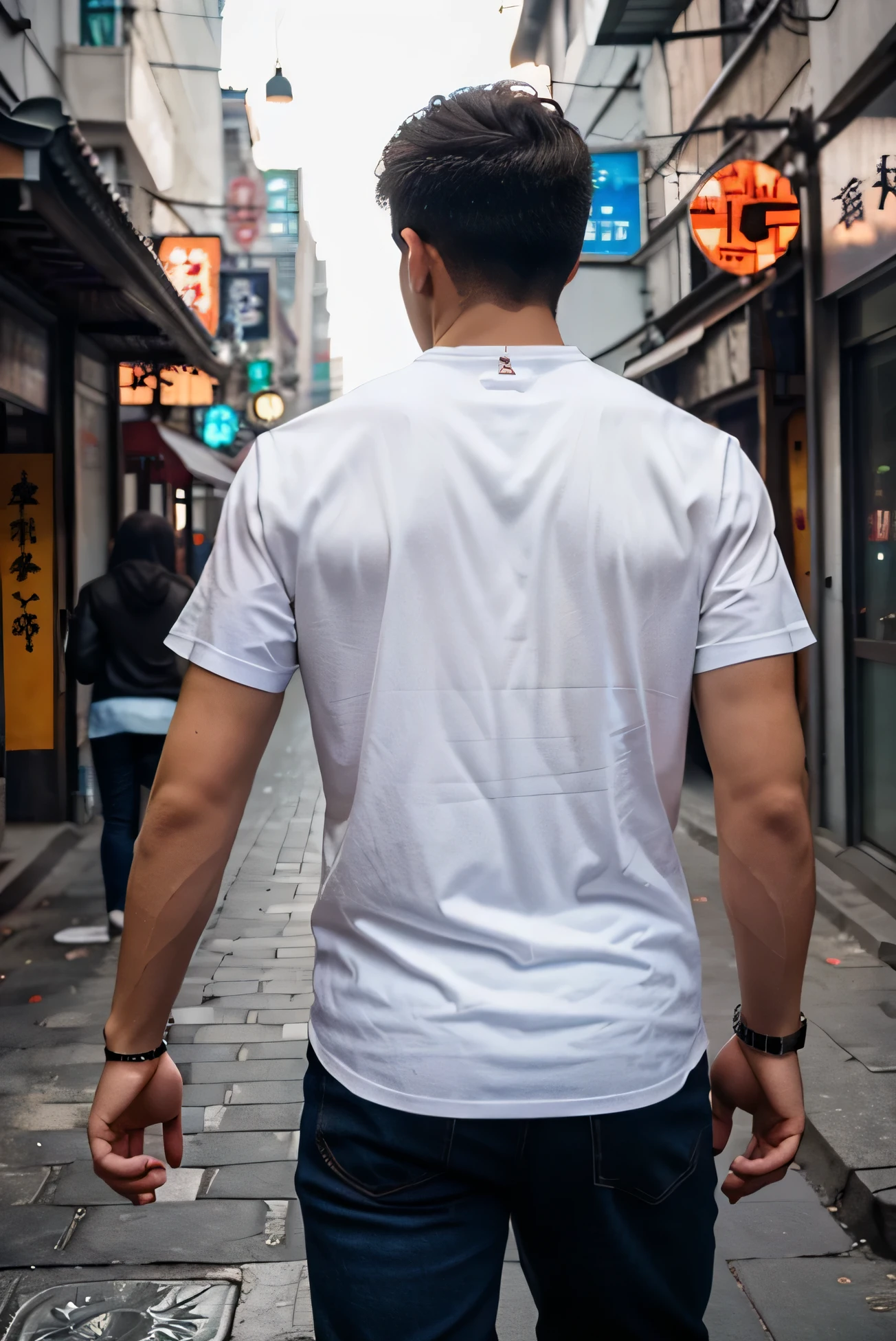 ultra realistic, professional, vivid colors, handsome man, Shanghai, casual clothes, urban setting, photo from behind, looking down , instagram photo