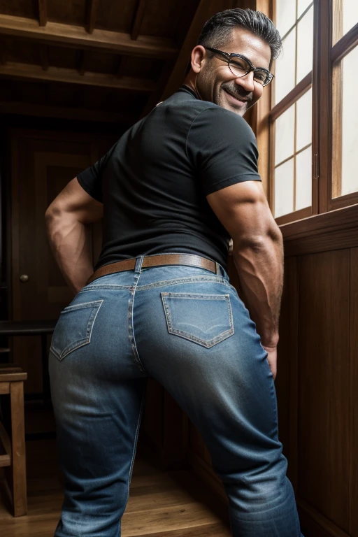hombre musculoso salvaje, (40 year old daddy:1.1), 1 chico, Solo, (camisa de vestir negra), (hombros grandes), musculatura, rastrojos, barba corta, ojos bonitos:1.3, ), (cara detallada:1.3), Usando lentes, smiles, dynamic angle, volumetric lighting, (mejor calidad, A high resolution, fotorrealista), cinematic lighting, Obra maestra, foto cruda, detalles intrincados, hdr, cuerpo completo, jeans backside bent over
