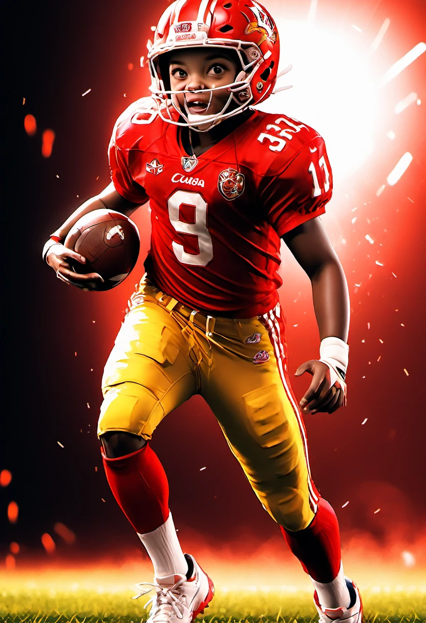 In this fantastic scene a full body  American Footballer Toddler is wearing red and gold Kansa city uniform and helmet, mid action Plying football e of he’s running while holding a football happily scoring a touchdown and celebrating a great victory, filled with joy and exiting, dramatic lighting, Dynamic Posed, Hyper realistic, photo realism HD render professional shot on Canon EOS-1D X Mark III —ar 4:5