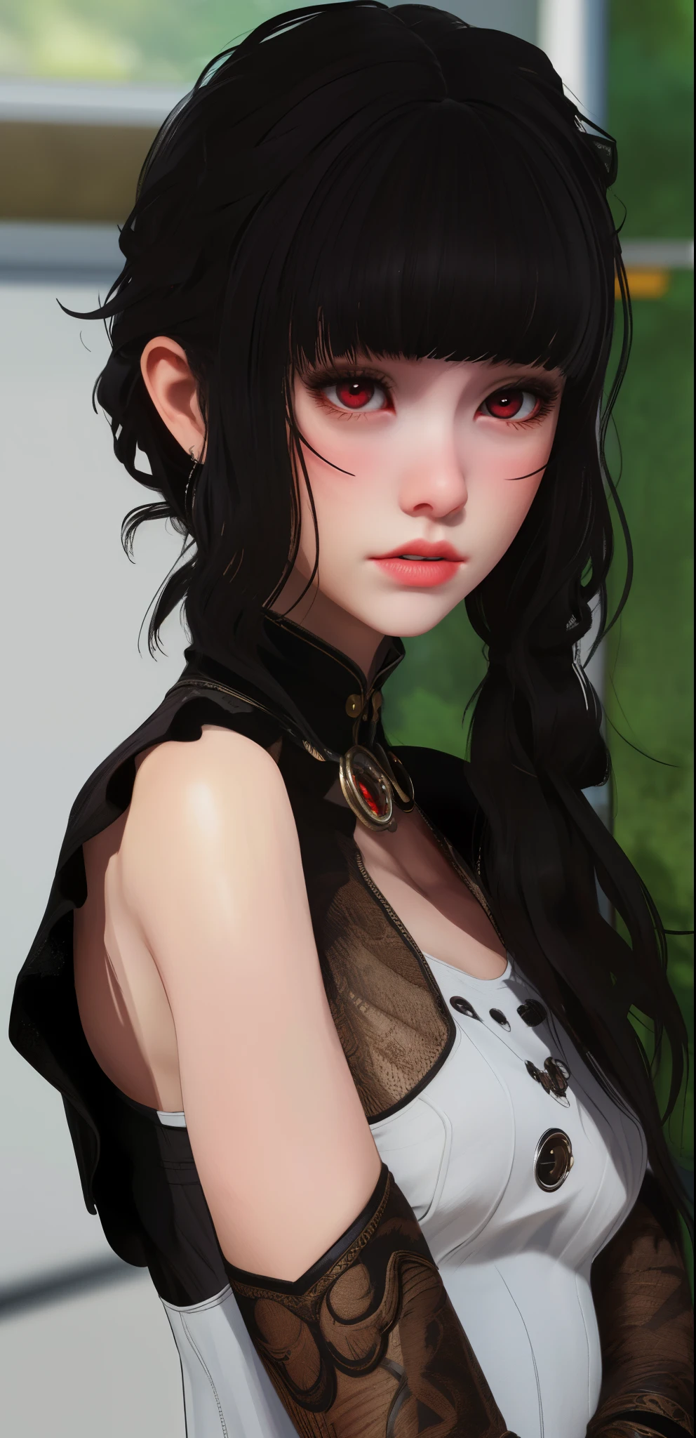 ((masterpiece, best quality)), (1girl), (solo), (female focus), Luna,(very detailed face, real image, realistic skin, realistic body, intricate details), upper body, red eyes, black hair, blunt bangs, Goth Style, small breasts, classroom, students, Blur background