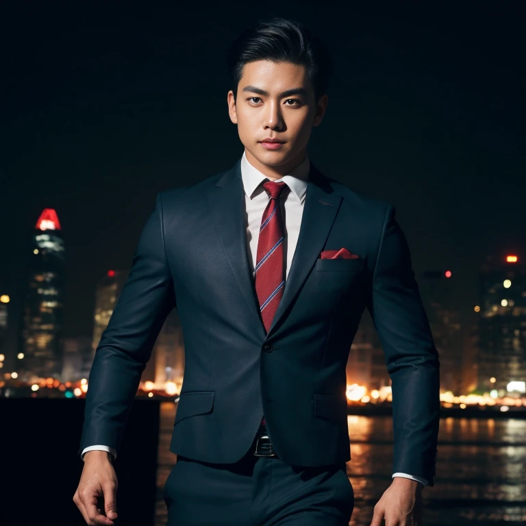 Handsome Asian man with short, cropped hair cut,) Look straight and focus on the face clearly.,) Community in the city at night, A modern skin-tight leather long flowing bodysuit with a red tie.,Blue,black,) Exaggerated colors cool action poses,) 8K images, Shot with a high quality camera with 45000000000 pixels.