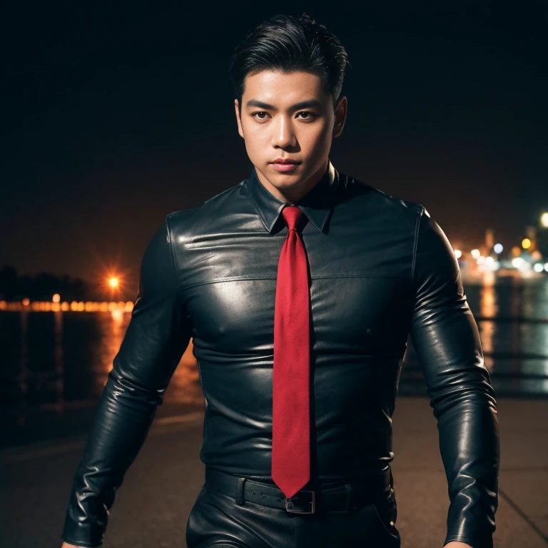 Handsome Asian man with short, cropped hair cut,) Look straight and focus on the face clearly.,) Community in the city at night, A modern skin-tight leather long flowing ???????? with a red tie.,Blue,black,) Exaggerated colors cool action poses,) 8K images, Shot with a high quality camera with 45000000000 pixels.