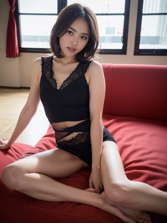 20yo woman, (masterpiece: 1.4), (8K, reality, original photo, best quality: 1.4), Japan, (1 girl), beautiful face, (Real faces: 1.4), (black hair, short hair: 1.3), hairstyle, Realistic blue eyes, beautiful details eyes, (reality skin: 1.3), beautiful skin, Attractive, ultra high resolution, Super realistic, HD, golden ratio, (Detailed face: 1.4), , Sheer vest,Pink short hair,White transparent,White,NSFW,big,small breasts,The nipple areola is clearly shaped,looking into camera,Sitting on the sofa,pubic shape is transparent and clear,posture(Bend your knees and legs open)