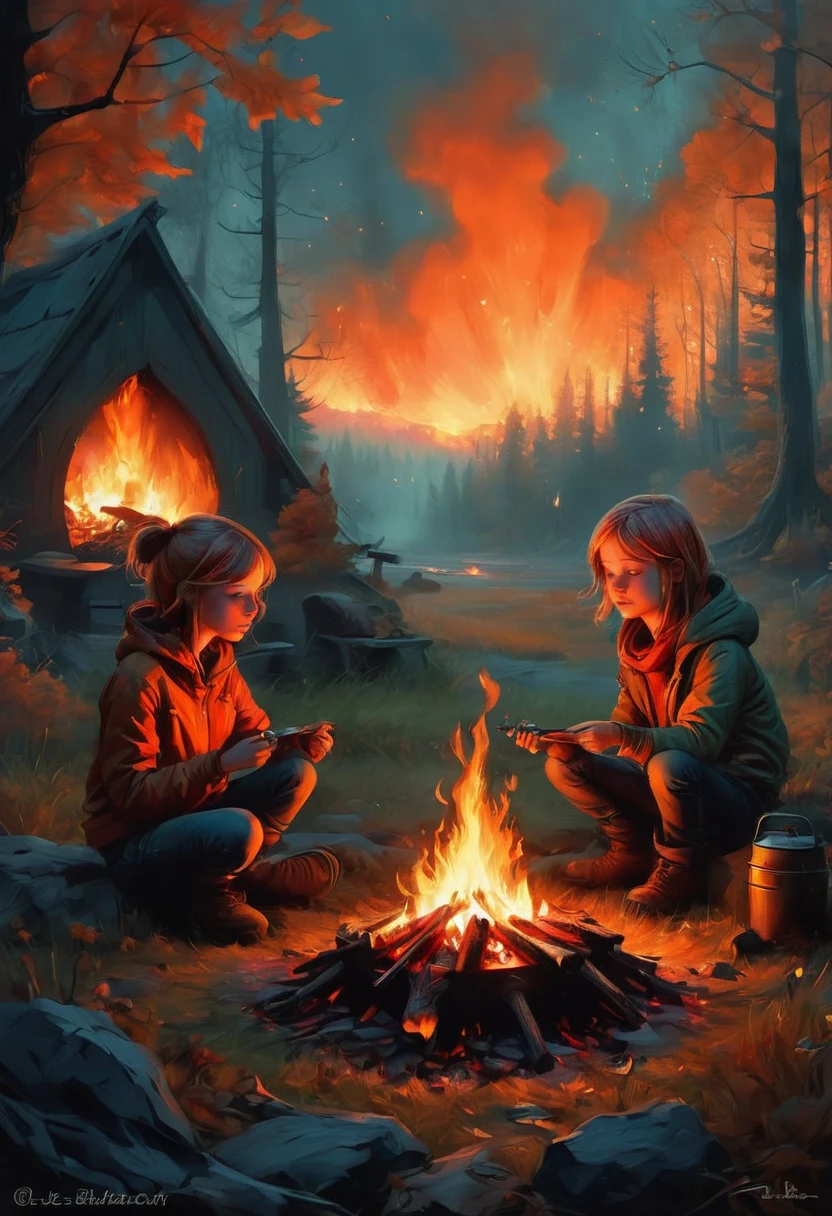 Campfire, by lois van baarle, best quality, masterpiece, very aesthetic, perfect composition, intricate details, ultra-detailed
