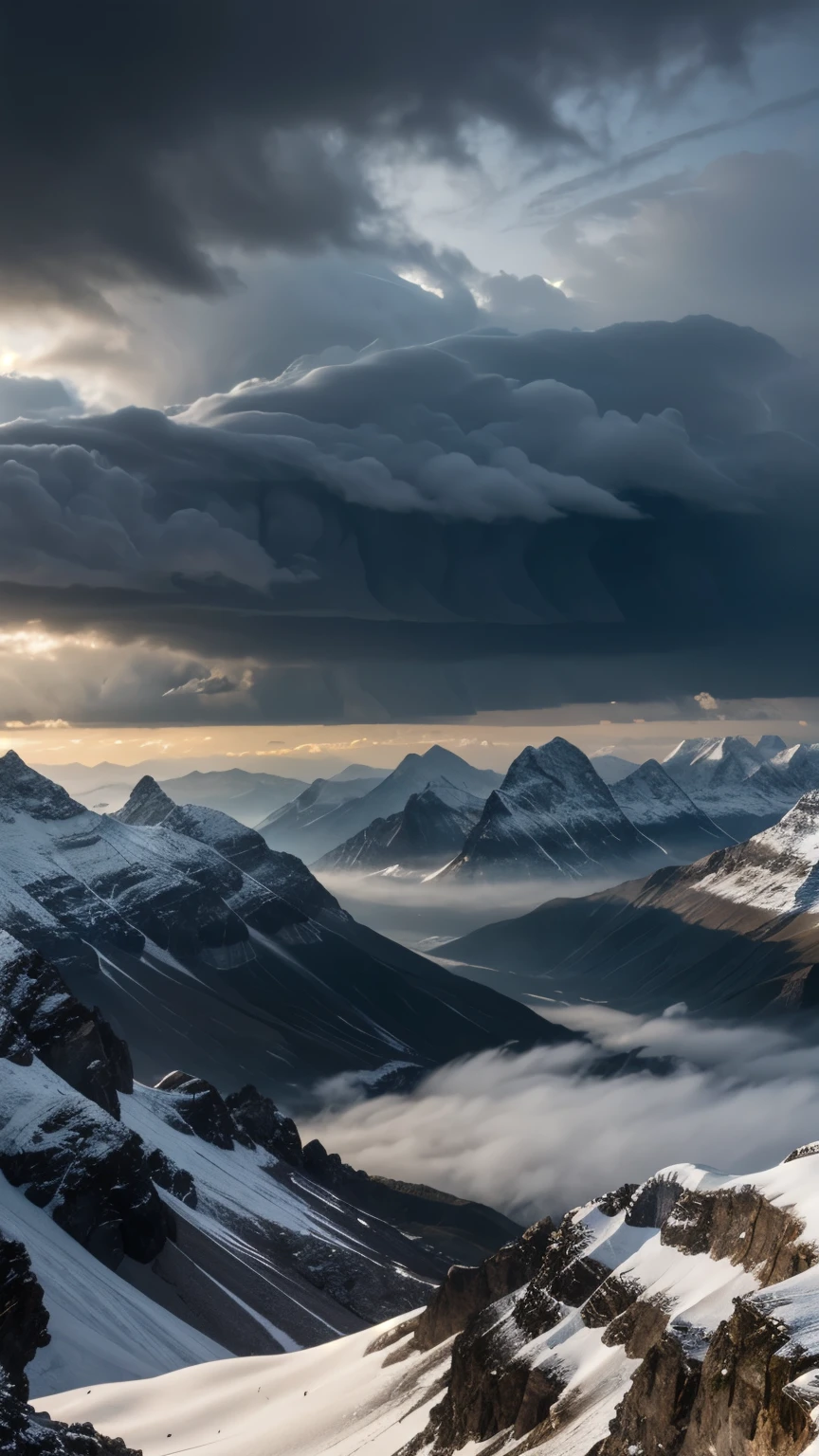 (best quality,realistic:1.2),breath-taking landscape,impressive mountain scenery,dark clouds moving across the sky,ultra-detailed,high resolution image,vivid colors,photorealistic,picture-perfect view