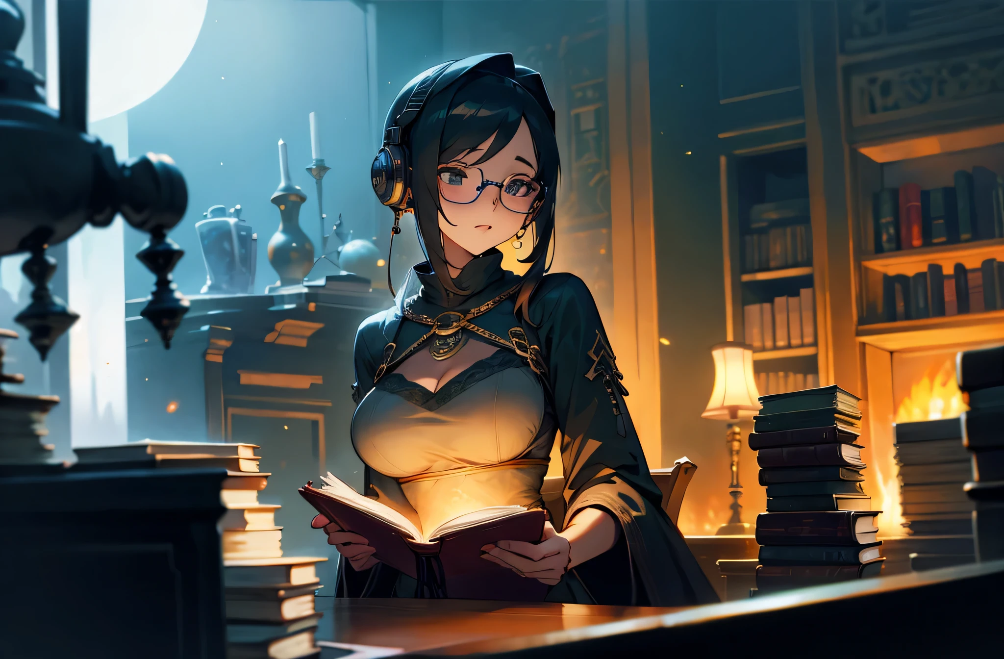 A woman wearing headphones is sitting on a chair、Bookshelf at the back、big breasts、sexy、A room full of bookoonlight、sweater、Downlight、full moon、Stylish room with fireplace、Glasses、Teacup and books on the desk