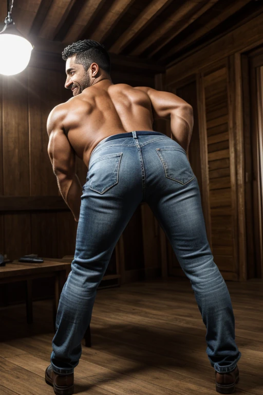 hombre musculoso salvaje, (30 year old daddy:1.1), 1 chico, Solo, cabello canoso (camisa de vestir negra), (hombros grandes), musculatura, nalgon, rastrojos, barba corta, ojos bonitos:1.3, ), (cara detallada:1.3), Usando lentes, smiles, dynamic angle, volumetric lighting, (mejor calidad, A high resolution, fotorrealista), cinematic lighting, Obra maestra, foto cruda, detalles intrincados, hdr, cuerpo completo, thight jeans backside bent over