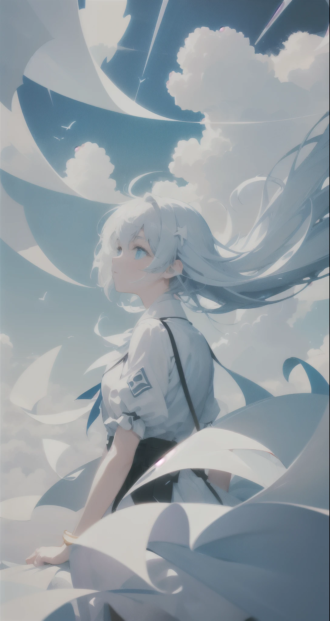 masterpiece, best quality, movie still, 1girl, floating in the sky, summoning white energy, cloud girl, cloud, (close-up:1.1), bright, happy, fun, soft lighting, (Bauhaus, shapes, lines, abstract:1.1)
