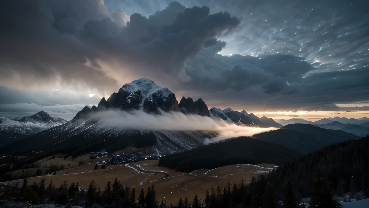 (best quality,realistic:1.2),breath-taking landscape,impressive mountain scenery,dark clouds moving across the sky,ultra-detailed,high resolution image,vivid colors,photorealistic,picture-perfect view