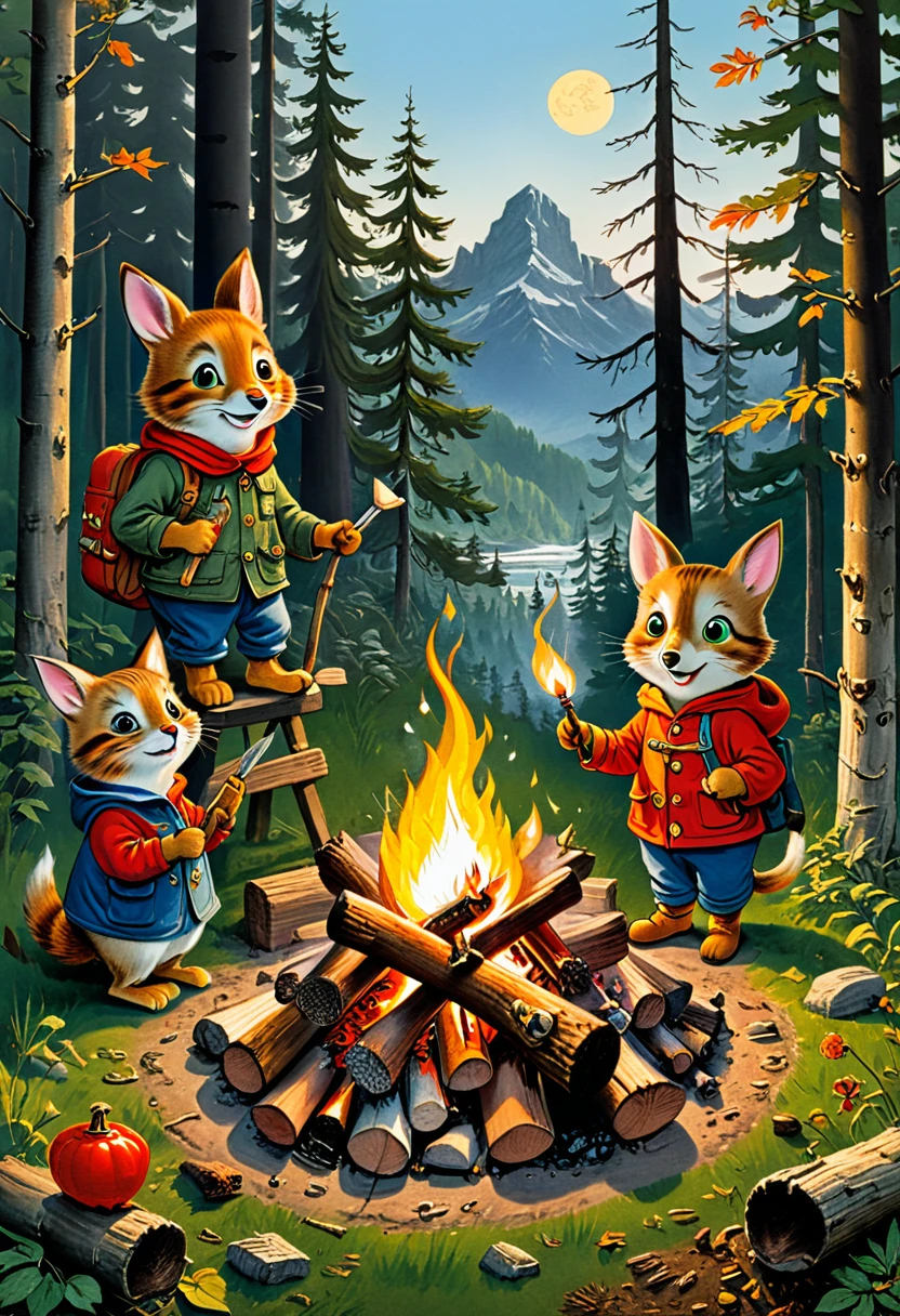 Campfire, by Richard Scarry, (masterpiece, best quality, Professional, perfect composition, very aesthetic, absurdres, ultra-detailed, intricate details:1.3)