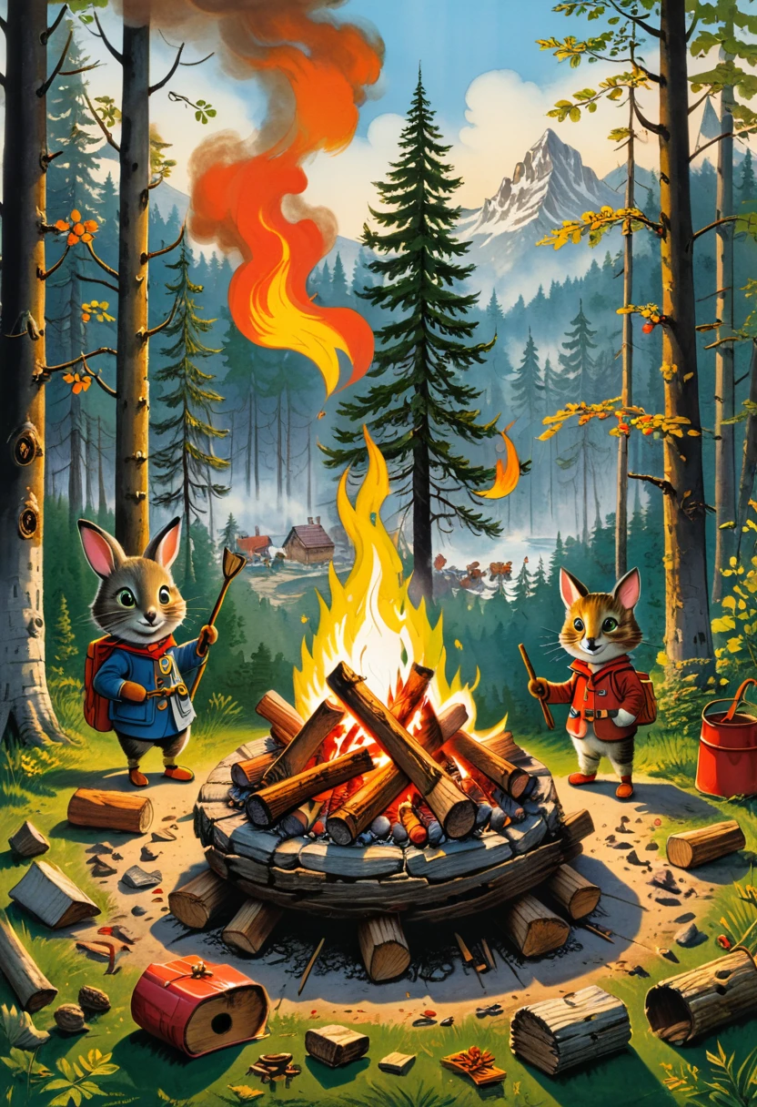 Campfire, by Richard Scarry, (masterpiece, best quality, Professional, perfect composition, very aesthetic, absurdres, ultra-detailed, intricate details:1.3)