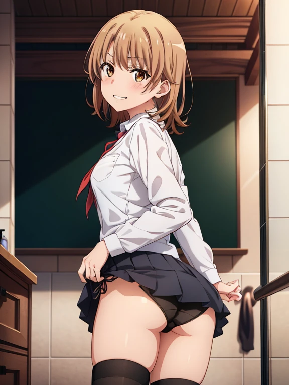((masutepiece, Best Quality, hight resolution, nffsw, Perfect Pixel, depth of fields, 4K, )), 1girl in, Solo, , Beautiful anime girl, Beautiful Art Style,
standing:1.3, bathroom background, Looking back
Perfect body, smile face, show teeth, front facing:1.4, lift skirt,1:3, show panties:1.3,
isshiki iroha, medium breasts, Full face blush, black stockings, school uniform:1.3,
straight-on:1.3, medium shot