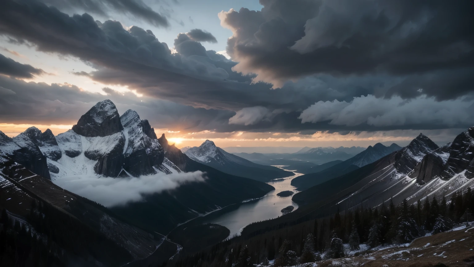 (best quality,realistic:1.2),breath-taking landscape,impressive mountain scenery,dark clouds moving across the sky,ultra-detailed,high resolution image,vivid colors,photorealistic,picture-perfect view