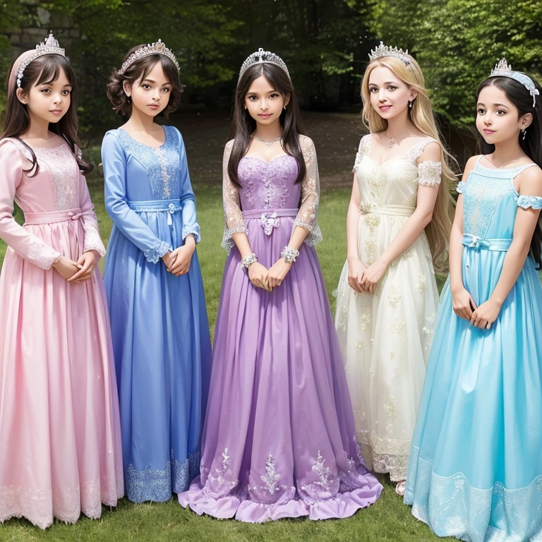 Five young princesses ((visten vestidos largos y brillantes)) ((each one has a small crown)) ((son amigas)) ((viven en un hermoso castillo))