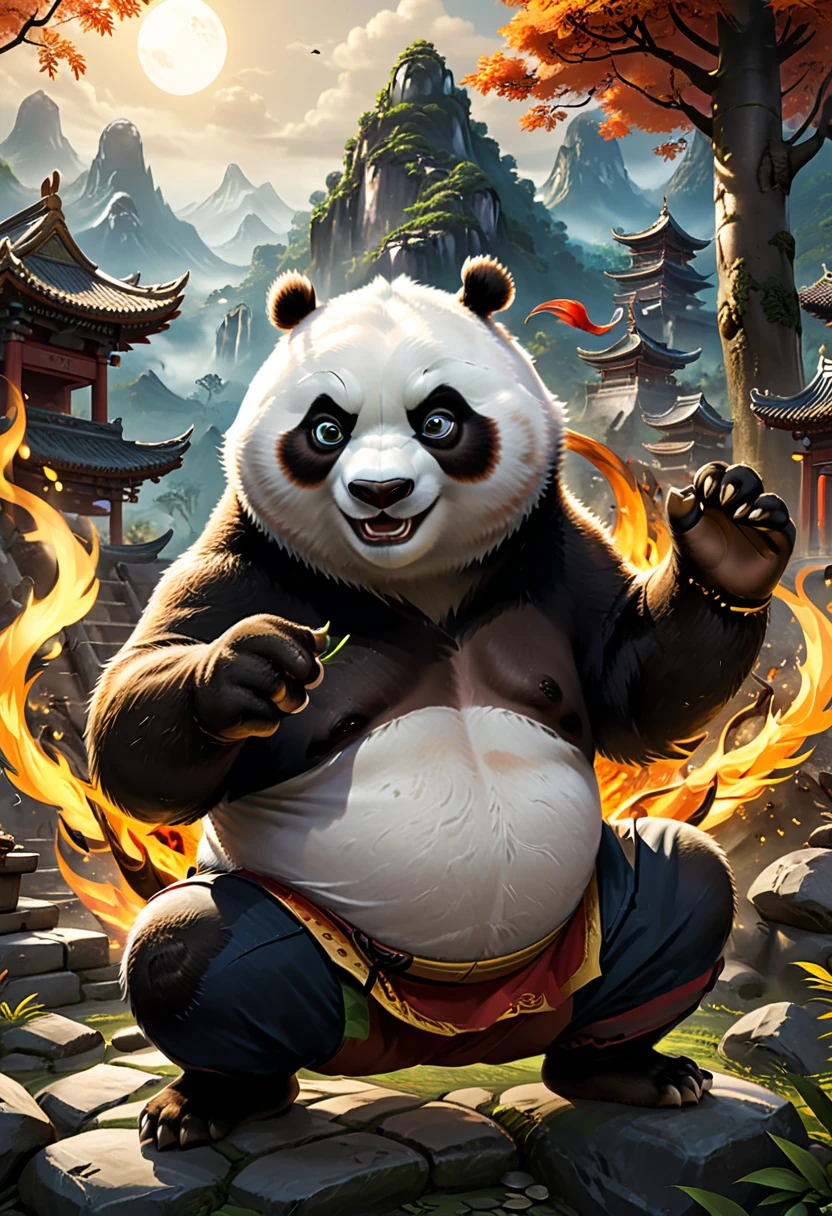Campfire, Kung Fu Panda, (masterpiece, best quality, Professional, perfect composition, very aesthetic, absurdres, ultra-detailed, intricate details:1.3)