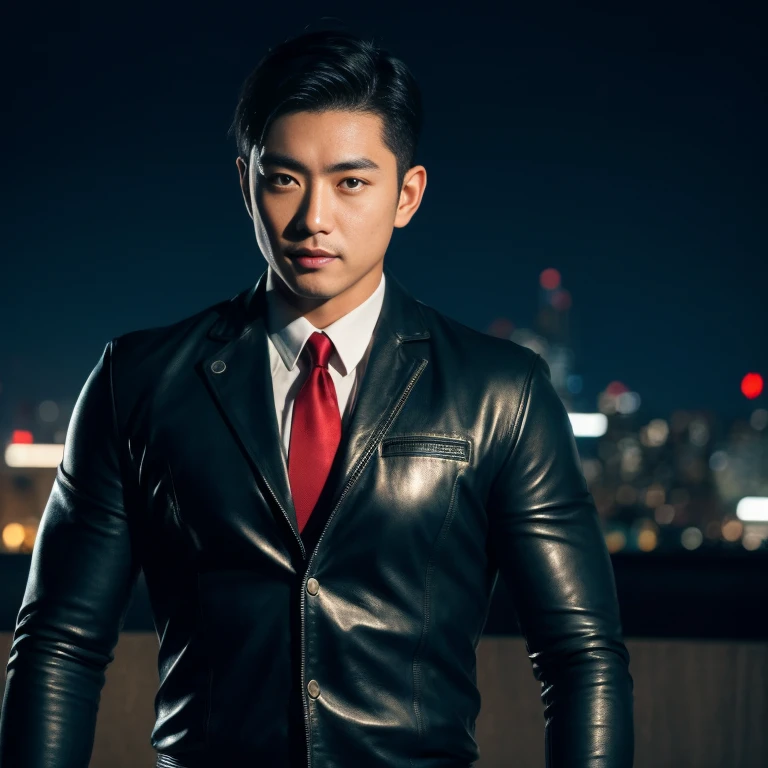 Handsome Asian man with short, cropped hair cut,) Look straight and focus on the face clearly.,) Community in the city at night, Modern leather long flowing bodysuit with red tie.,Blue,black,) Exaggerated colors cool action poses,) 8K images, Shot with a high quality camera with 45000000000 pixels.