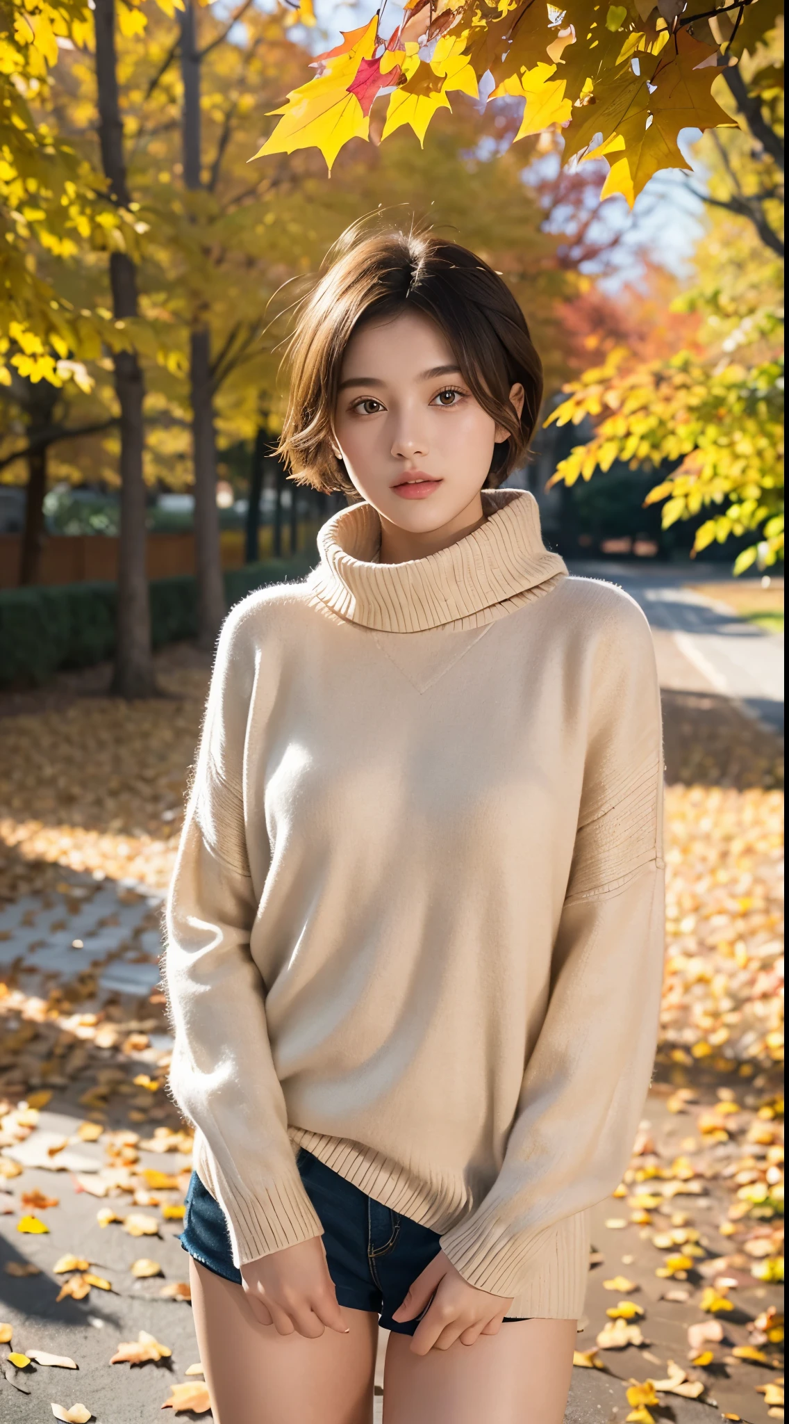 20-year-old girl,Sweaters, short hair, (upper part of body:1.2), Autumn leaves, Outdoor sports, volumettic light, Cinematic, golden age, natural lightting, realistically, natural lightting, professional DSLR camera,