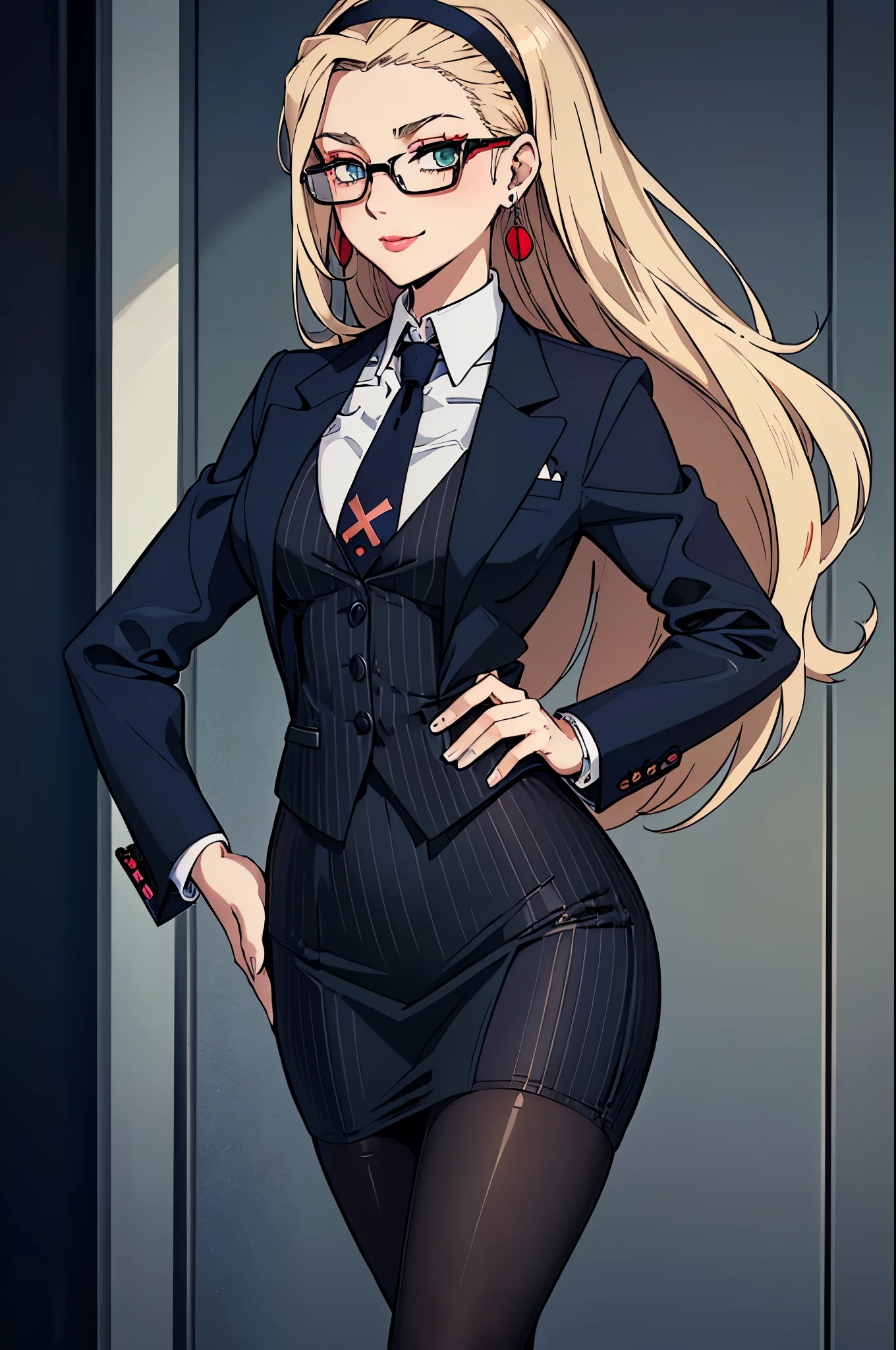 ((Masterpiece, best quality)),,smirk,smug, confident, arrogant
edgpskirt, ((navy pinstripe skirt suit)), suit and tie, (((three-piece suit))), silk dress shirt, shirt and tie, (((maroon necktie))), ((pinstriped blazer)), ((open blazer)), ((suit jacket)), (((waistcoat with lapel))), (light blue dress shirt with white collar), ((bodycon miniskirt)), (((pencil skirt))), pantyhose, tights, stockings, tie clip, pocket square, tailored suit, (((cufflinks)))
 1girl, blonde hair, messy long hair, black hairband, ((pushed back hair)), swept back hair, large glasses, green eyes, closeup, looking at viewer, makeup, lipstick, long eyelashes