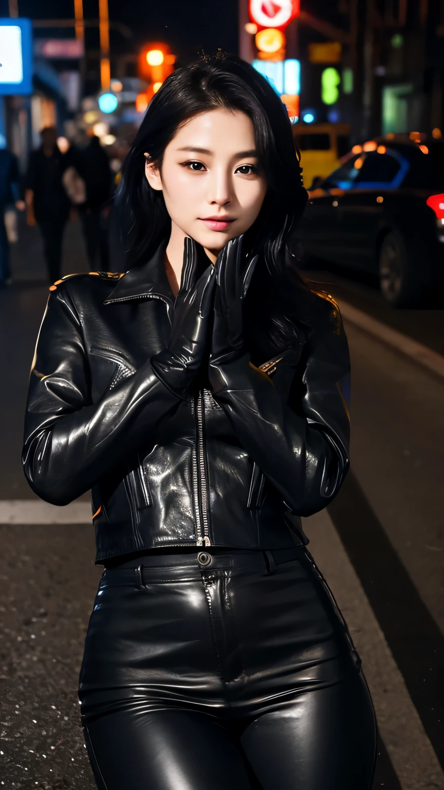 black leather rider jacket, Office in the Dark, Black leather gloved fingertips on both hands,Wearing black leather gloves,Sitting in a black leather chair、 Japanese female new recruits (Black leather gloves cover both hands) (The angle is horizontal)、Black Leather Pants,Black Leather Black Leather Pants,Black Leather Skinny Pants、Long black leather boots on both feet、Black hair ponytail ((He wears black leather gloves on his hands))Full Body Photo,full body shot full body full body leather suit,☺If you turn in this direction。Wearing black leather gloves,Wearing black leather gloves,Wearing black leather gloves,Wearing black leather gloves,Wearing black leather gloves,Wearing black leather gloves,黒のレザーパンツが美しい😍黒のレザーパンツが美しい😍黒のレザーパンツが美しい,😍Smiling while looking at me,City lights、((Neon Cyberpunk City Street:1.3))、(Neon Light)、Detailed lighting、
Best image quality、Ultra-high resolution、(realism:1.4)、Korean Beauty Star、The most beautiful KPOP stars、face、Horny Korean Makeup、A body that makes you want to touch it、Realistic leather texture、Costume made of smooth leather fabric、The drape of the curved parts of the leather fabric、The costume has a strong shine、costume quality、8K Photo Quality