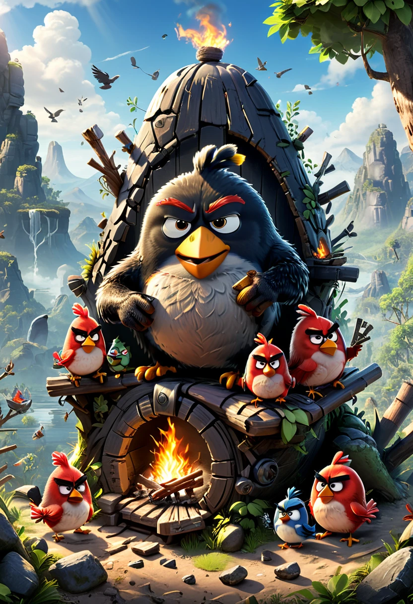 Campfire, angry birds, (masterpiece, best quality, Professional, perfect composition, very aesthetic, absurdres, ultra-detailed, intricate details:1.3)