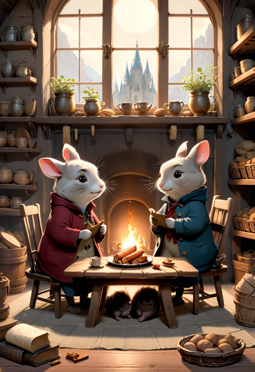 Campfire, Ernest and Celestine, (masterpiece, best quality, Professional, perfect composition, very aesthetic, absurdres, ultra-detailed, intricate details:1.3)