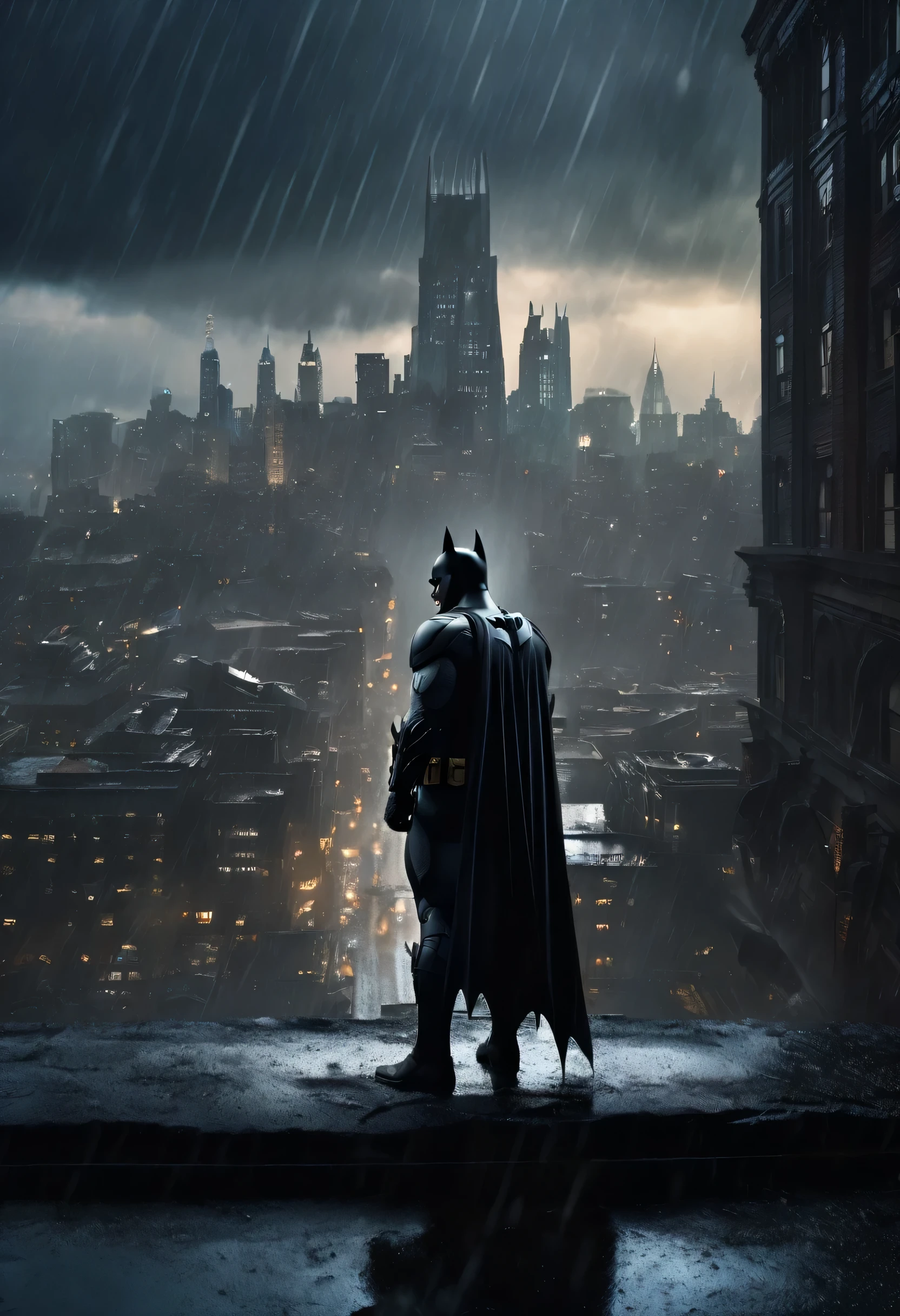 "Batman in the rain crouching surrounded by his parents standing next to him (overlooking the city of gotham city), detailed matte painting, deep color, fantastical, intricate detail, splash screen, complementary colors, fantasy concept art, 8k resolution trending on Artstation Unreal Engine 5"