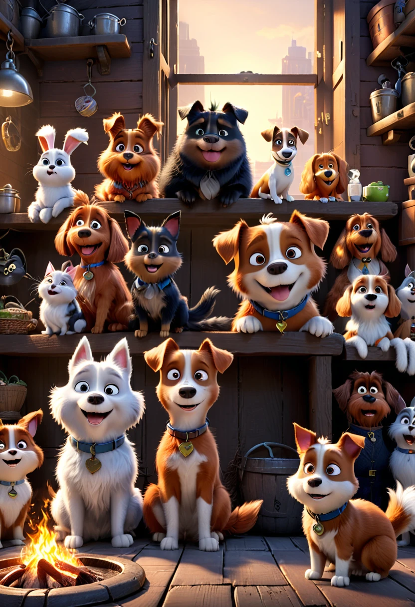 Campfire, The Secret Life of Pets, (masterpiece, best quality, Professional, perfect composition, very aesthetic, absurdres, ultra-detailed, intricate details:1.3)