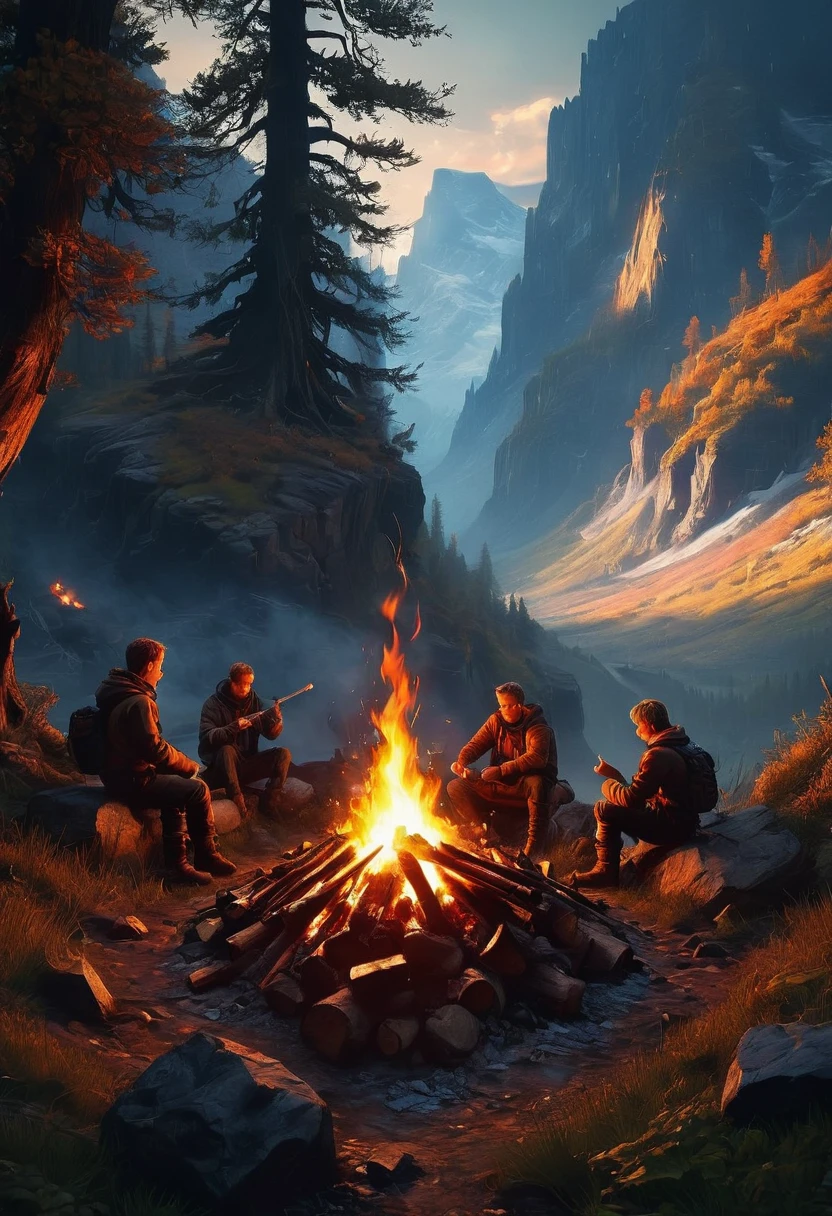 Campfire, by Max_Rive, best quality, masterpiece, very aesthetic, perfect composition, intricate details, ultra-detailed