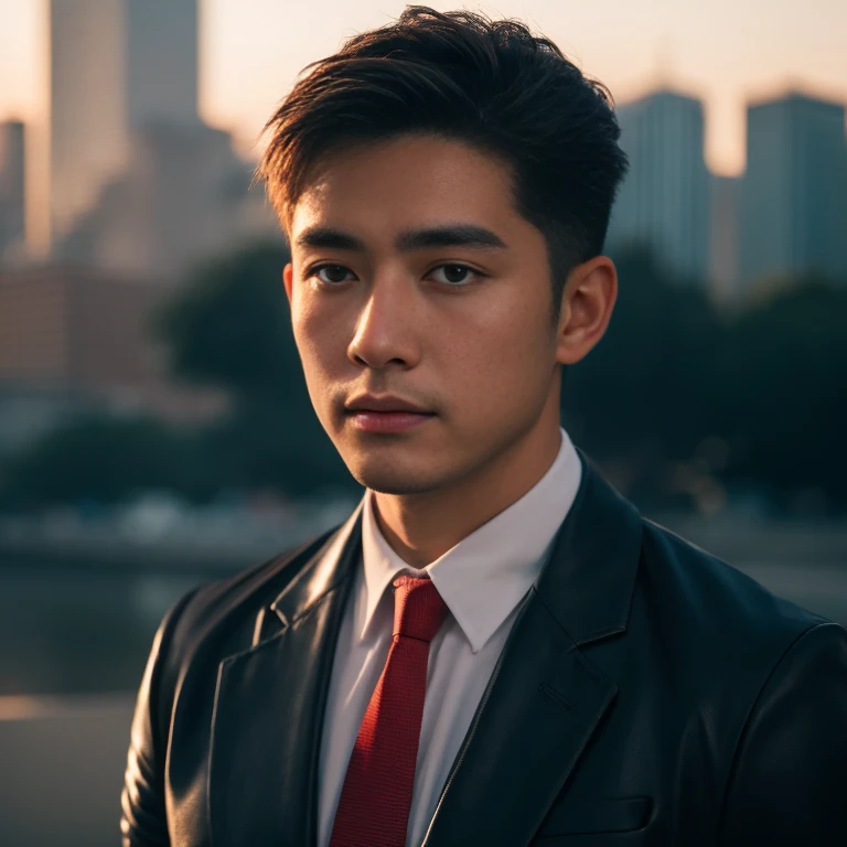 Handsome Asian man with short, cropped hair cut,) Look straight and focus on the face clearly.,) Community in the city as the sun nears setting, the red light glistens., Modern leather long flowing bodysuit with red tie.,Blue,black,) Exaggerated colors cool action poses,) 8K images, Shot with a high quality camera with 45000000000 pixels.