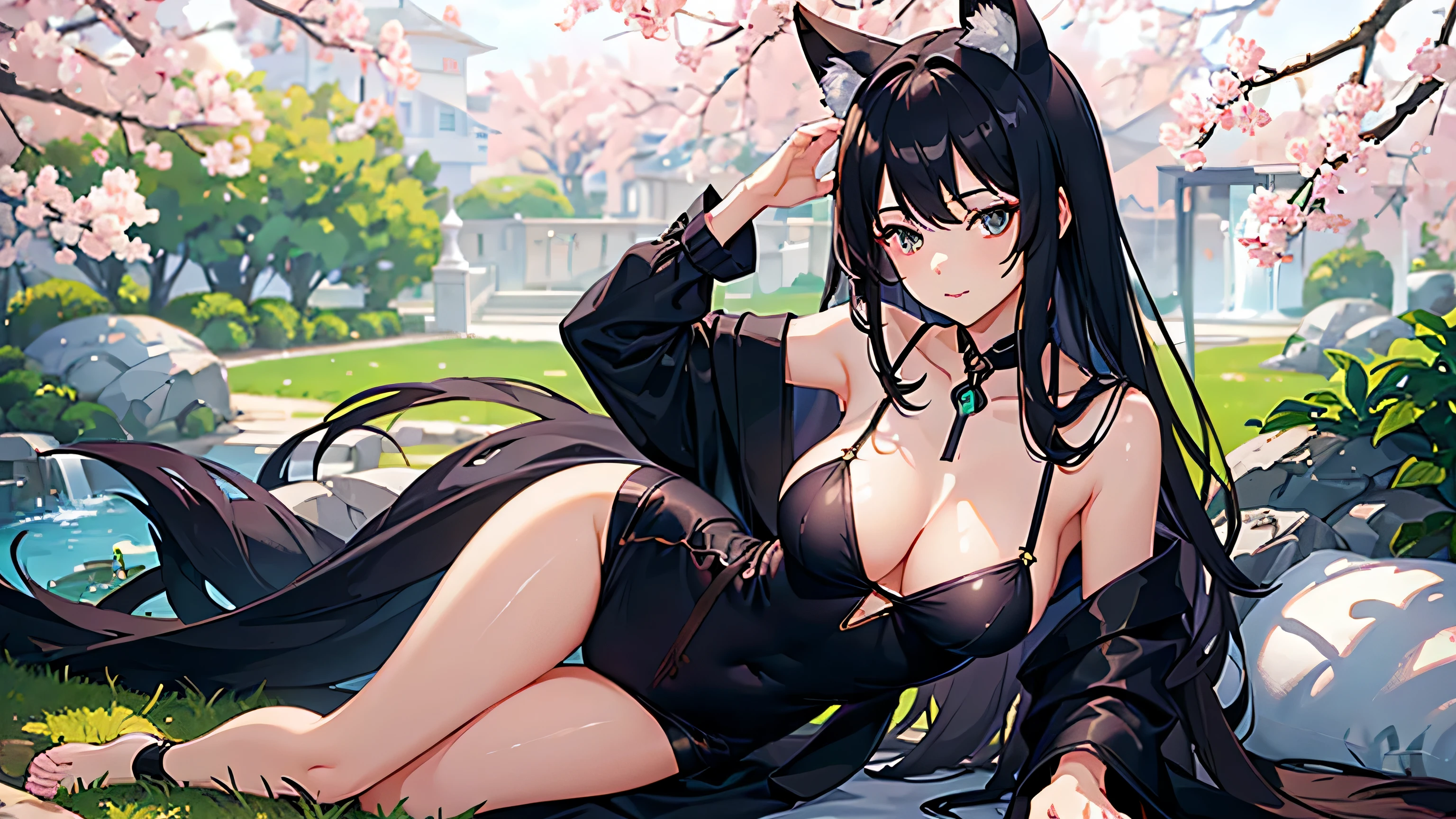 (best quality,4k,8k,highres,masterpiece:1.2),ultra-detailed,cute girl with a fox mask sitting down in a relaxed position, full body view,dark black hair flowing down her shoulders, detailed eyes filled with curiosity and wonder, black clothes with elegant patterns, vivid colors that enhance the mystique of the scene, a serene garden background with blooming cherry blossoms and lush greenery, soft natural lighting that highlights the girl's features, a touch of anime-inspired style to add a unique charm to the artwork